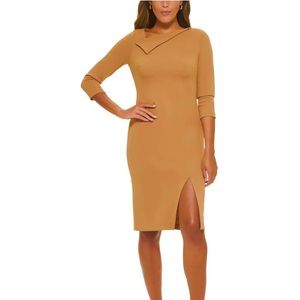 Women's Black Foldover-neck Front-slit Sheath Dress